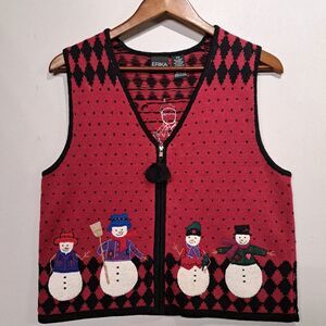 Erika Petite Medium Vintage Holiday Christmas Textured Snowman Tassel Zip Vest